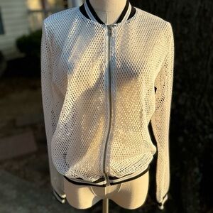 White and black mesh bomber jacket with zipper
